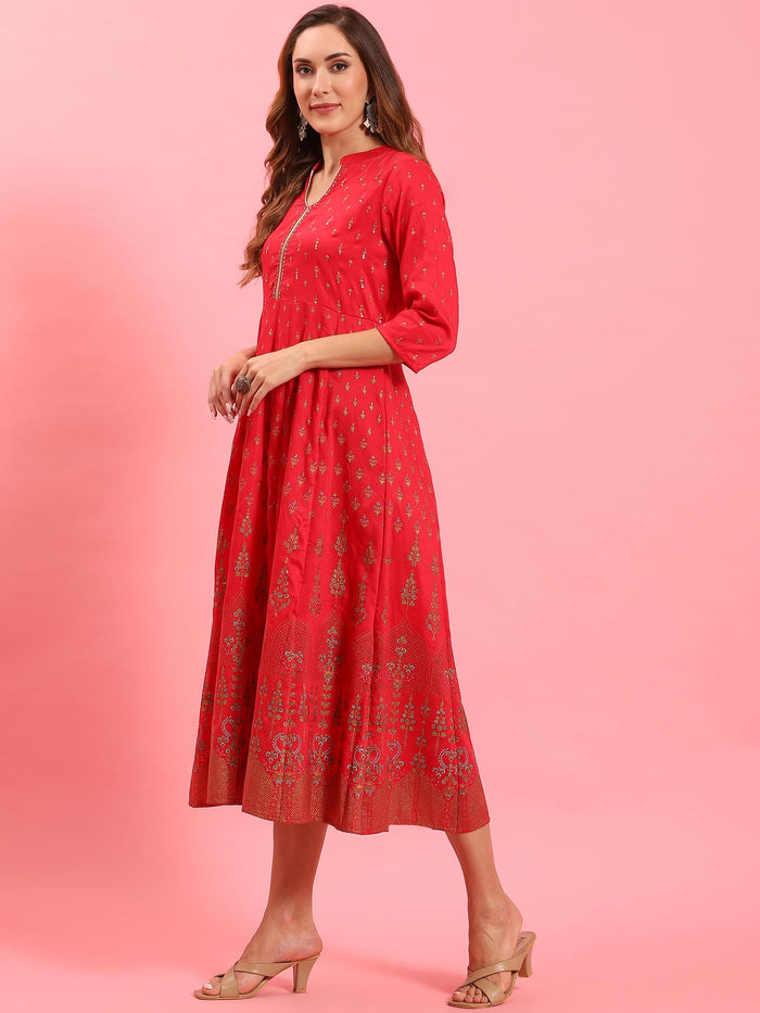 Women Fuchsia Ornamental Printed Dress.