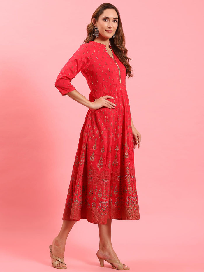 Women Fuchsia Ornamental Printed Dress.