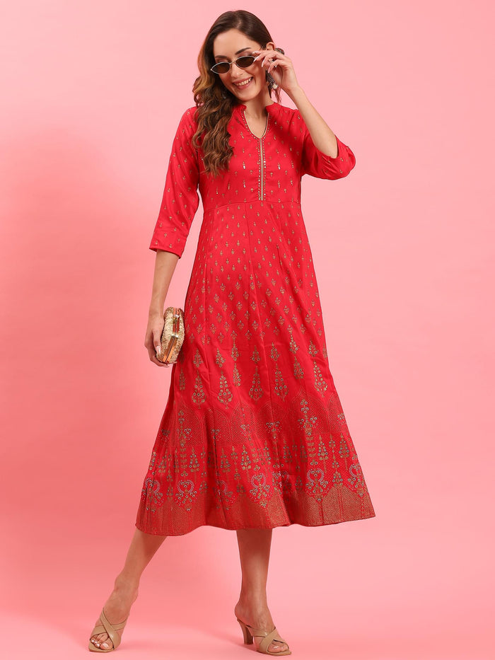 Women Fuchsia Ornamental Printed Dress.