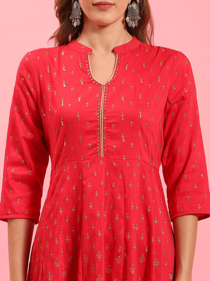 Women Fuchsia Ornamental Printed Dress.