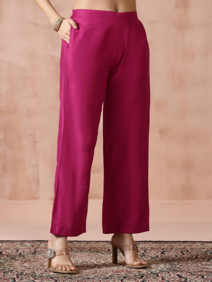 Women Fuchsia Silk Blend Embroidered Kurta Comfort Pant Dupatta.