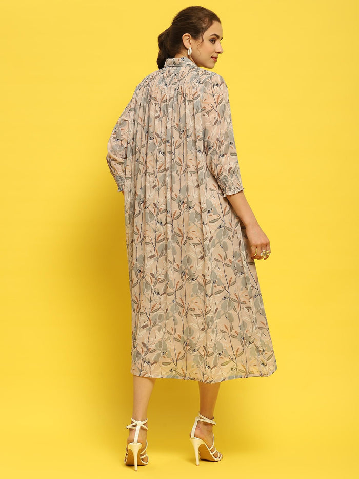Women Georgette Beige Abstract Print Dress.