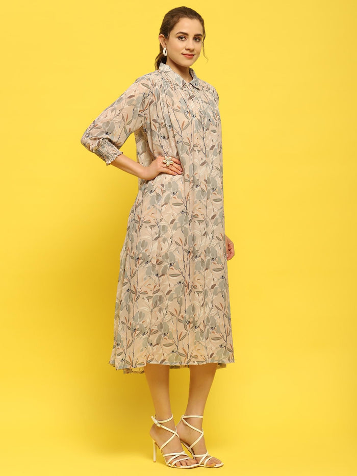 Women Georgette Beige Abstract Print Dress.
