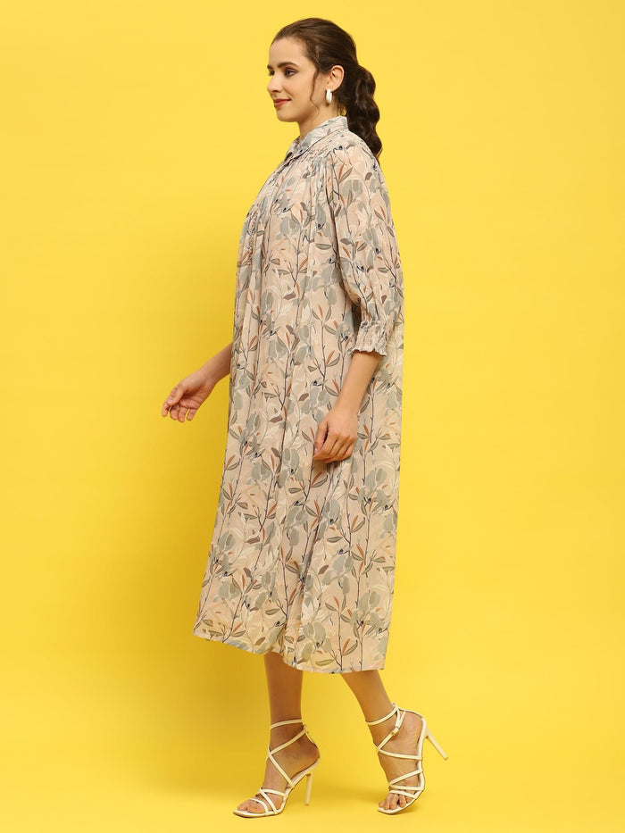 Women Georgette Beige Abstract Print Dress.
