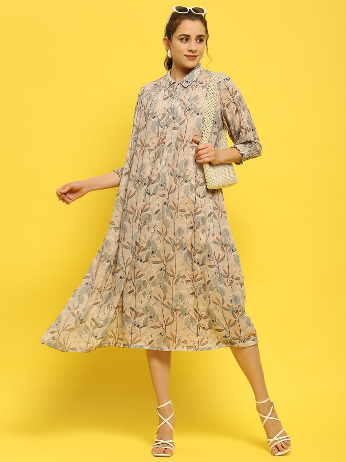 Women Georgette Beige Abstract Print Dress.