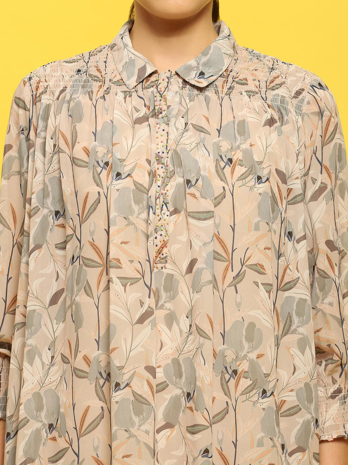 Women Georgette Beige Abstract Print Dress.