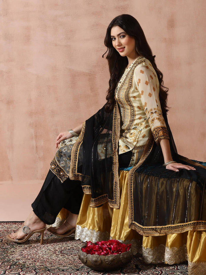 Women Georgette Beige Printed Kurta With Comfort Pant Dupatta.