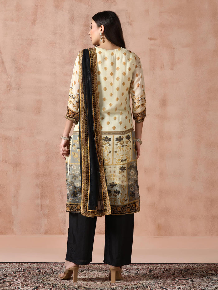 Women Georgette Beige Printed Kurta With Comfort Pant Dupatta.