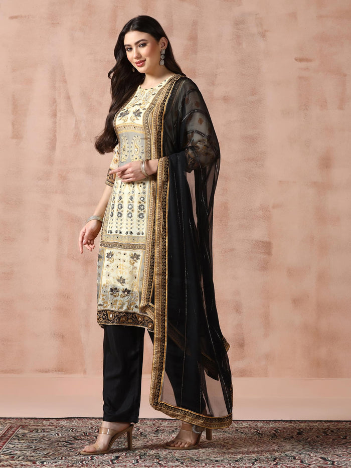 Women Georgette Beige Printed Kurta With Comfort Pant Dupatta.