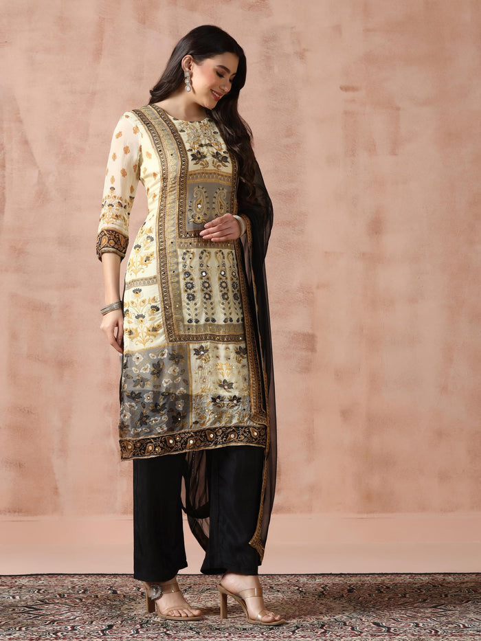 Women Georgette Beige Printed Kurta With Comfort Pant Dupatta.