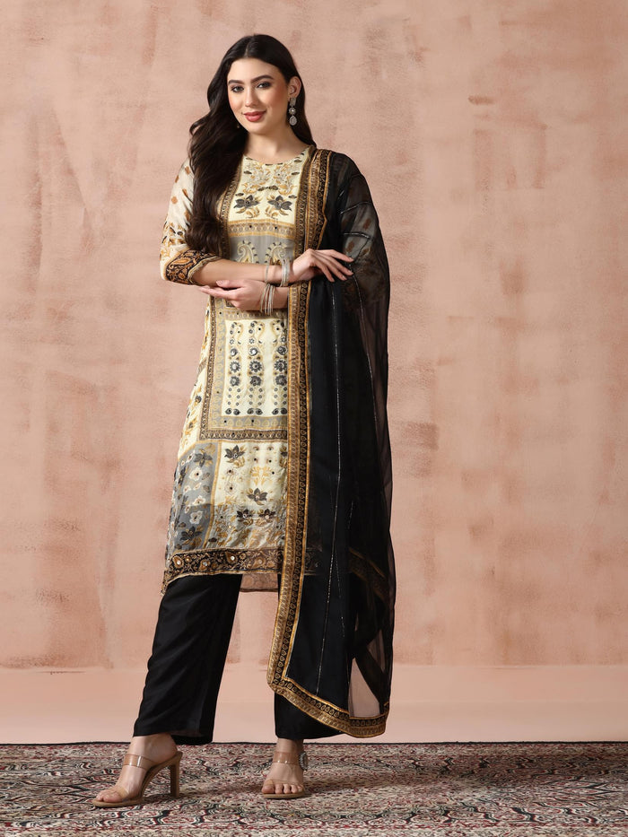 Women Georgette Beige Printed Kurta With Comfort Pant Dupatta.