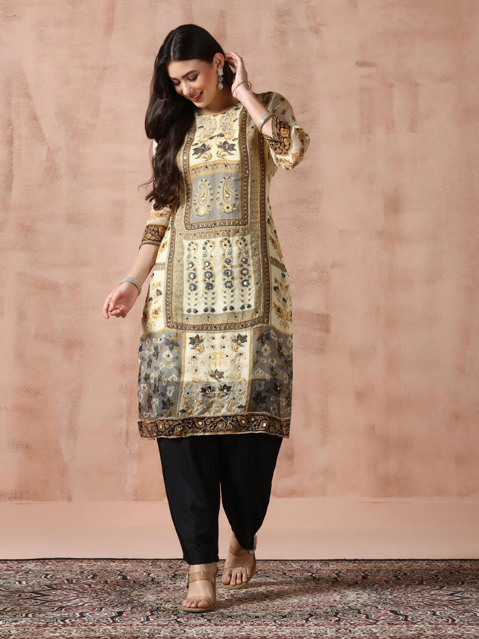 Women Georgette Beige Printed Kurta With Comfort Pant Dupatta.