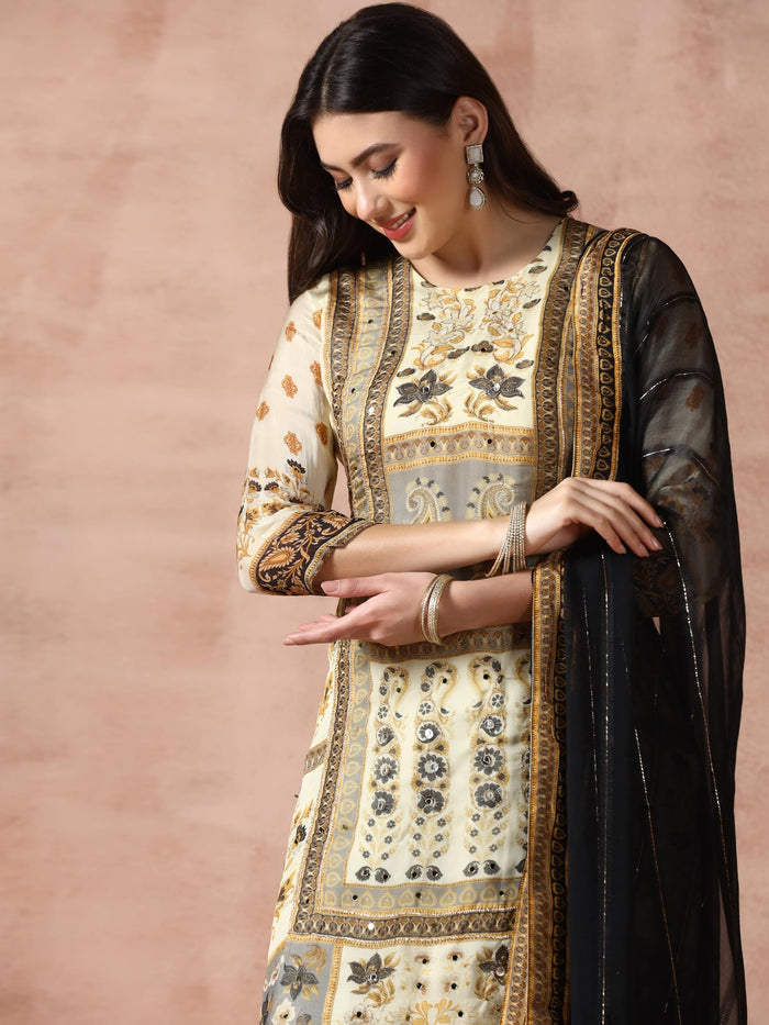 Women Georgette Beige Printed Kurta With Comfort Pant Dupatta.