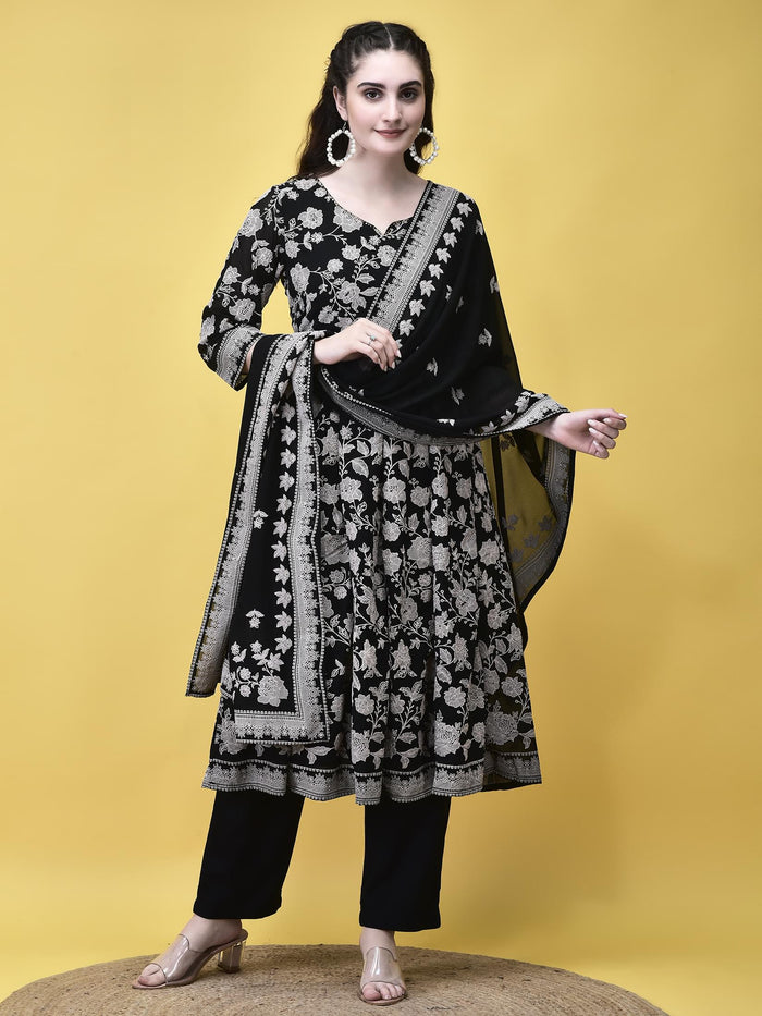 Women Georgette Black Emboss Floral Print Kurta Trouser Dupatta.