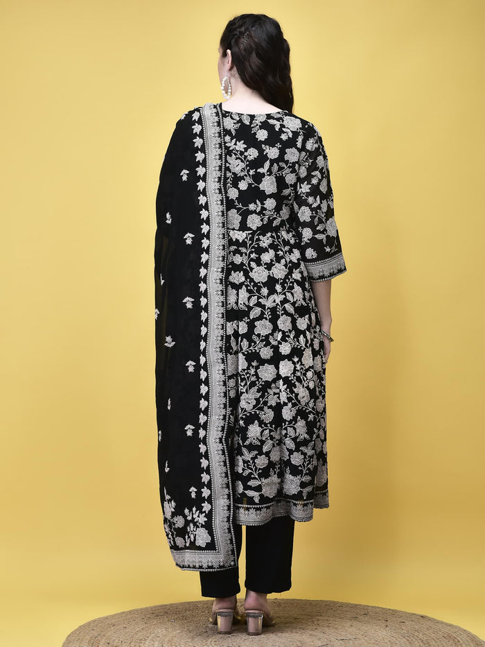 Women Georgette Black Emboss Floral Print Kurta Trouser Dupatta.