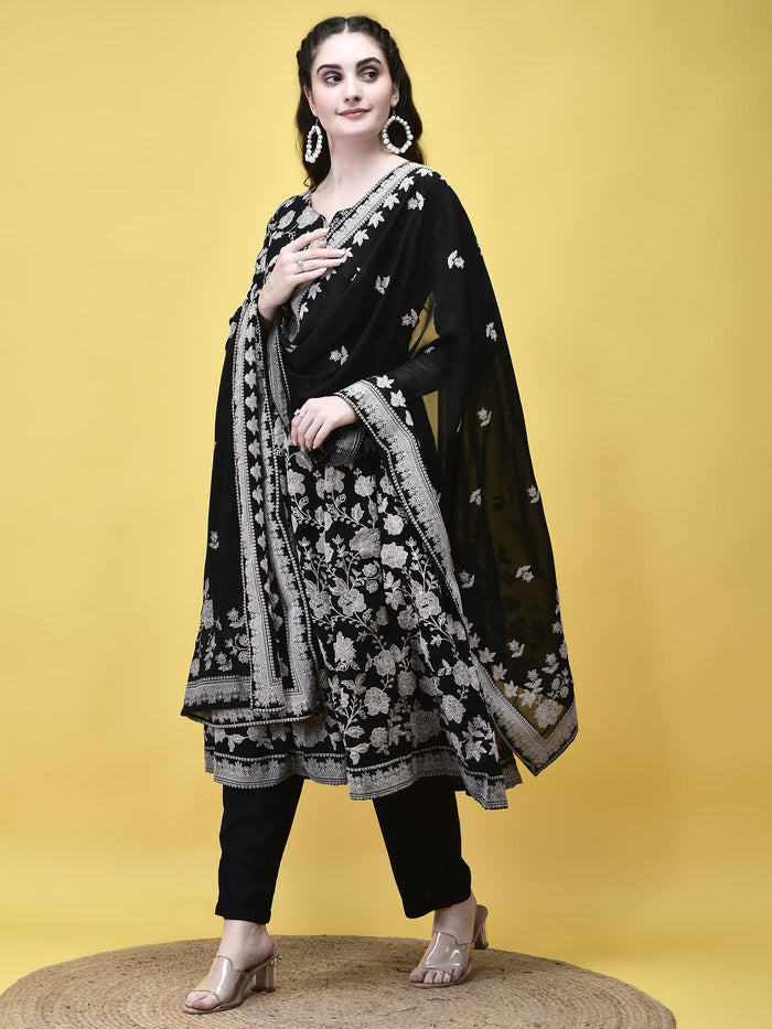 Women Georgette Black Emboss Floral Print Kurta Trouser Dupatta.