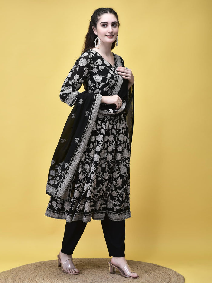 Women Georgette Black Emboss Floral Print Kurta Trouser Dupatta.