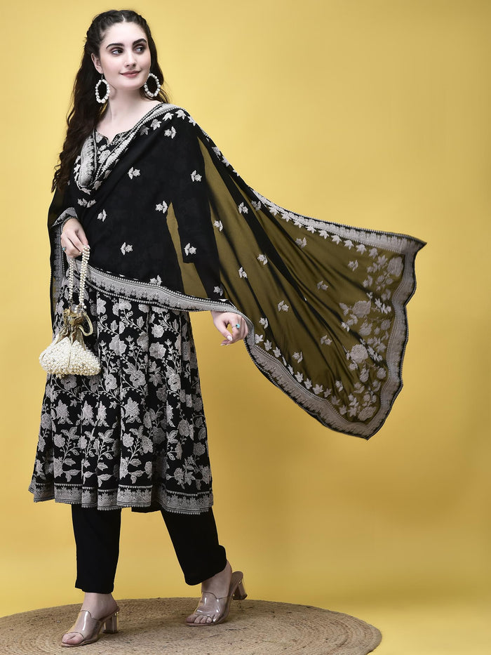 Women Georgette Black Emboss Floral Print Kurta Trouser Dupatta.