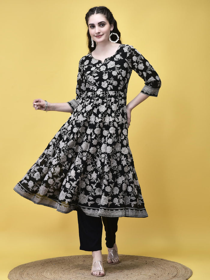 Women Georgette Black Emboss Floral Print Kurta Trouser Dupatta.