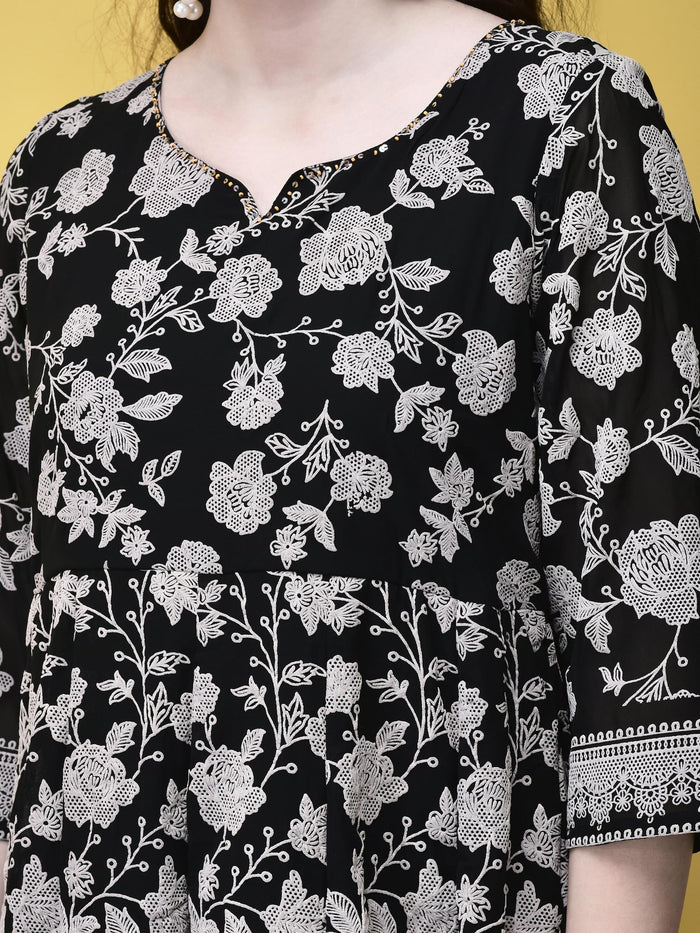 Women Georgette Black Emboss Floral Print Kurta Trouser Dupatta.