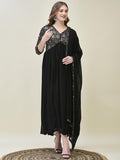 Women Georgette Black Embroidered Dress With Dupatta.