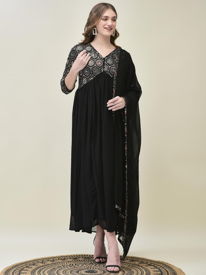 Women Georgette Black Embroidered Dress With Dupatta.