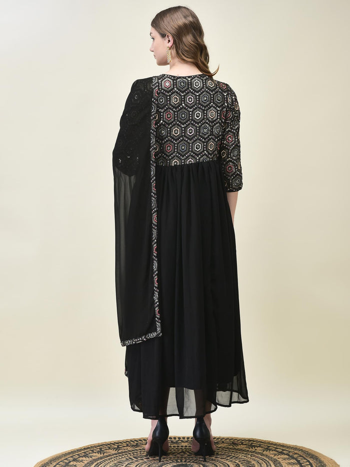 Women Georgette Black Embroidered Dress With Dupatta.