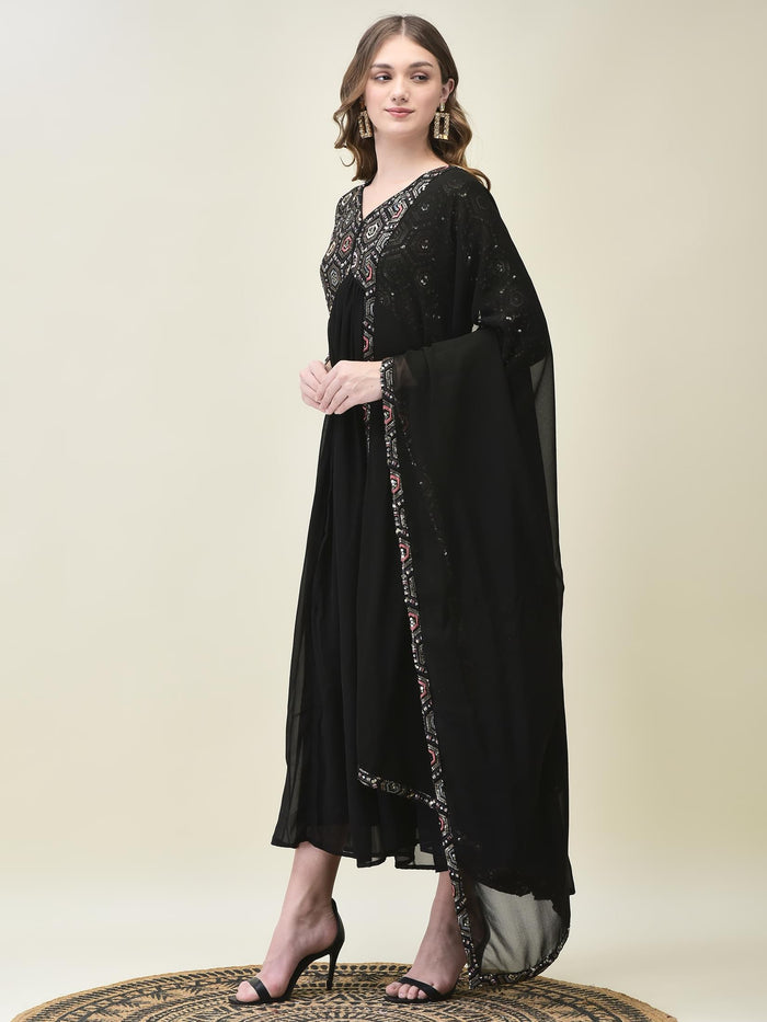 Women Georgette Black Embroidered Dress With Dupatta.
