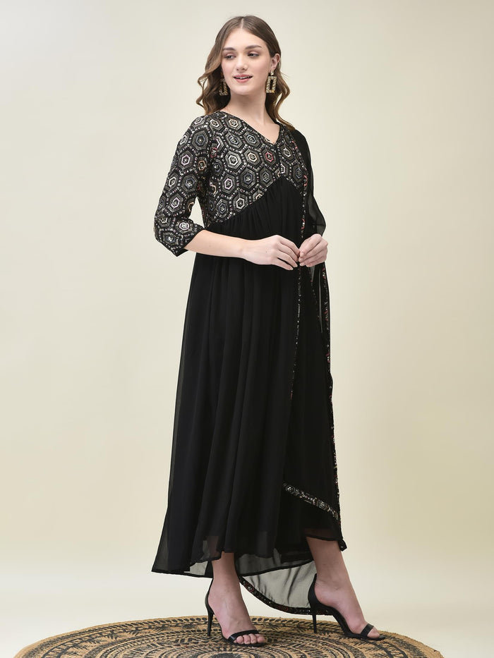 Women Georgette Black Embroidered Dress With Dupatta.