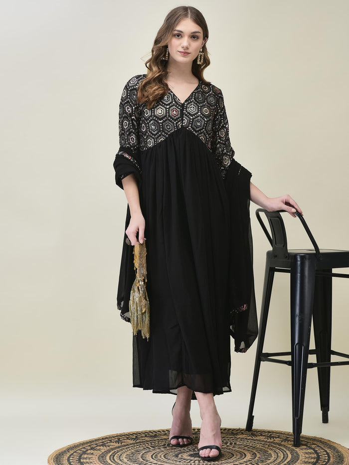 Women Georgette Black Embroidered Dress With Dupatta.