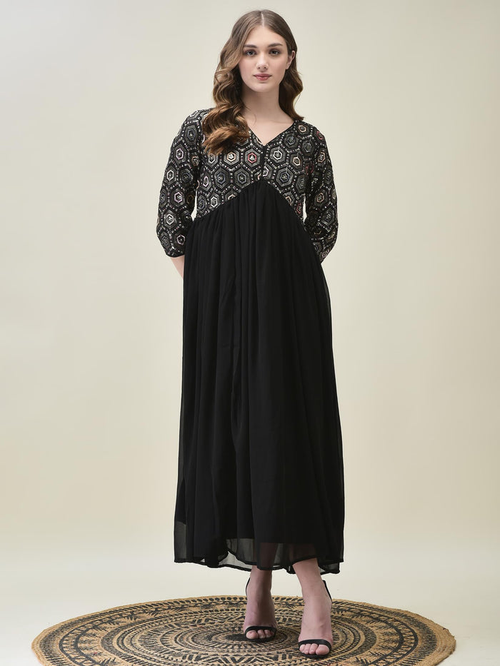 Women Georgette Black Embroidered Dress With Dupatta.