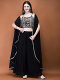 Women Georgette Black Embroidered Top Shrug Split Pant.