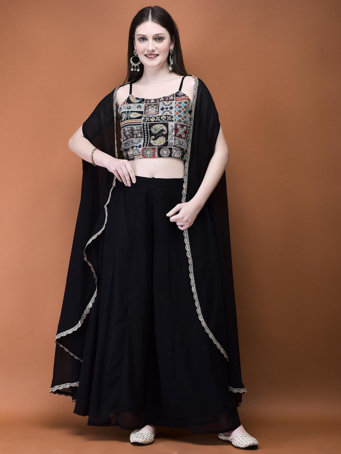 Women Georgette Black Embroidered Top Shrug Split Pant.