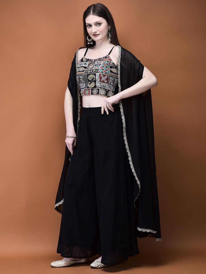 Women Georgette Black Embroidered Top Shrug Split Pant.