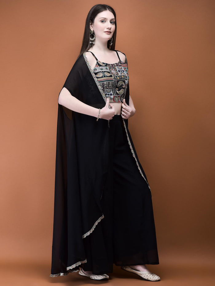 Women Georgette Black Embroidered Top Shrug Split Pant.