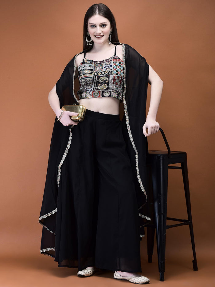 Women Georgette Black Embroidered Top Shrug Split Pant.