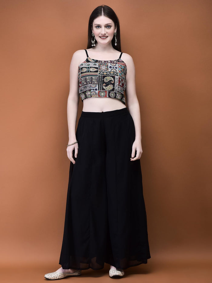 Women Georgette Black Embroidered Top Shrug Split Pant.