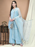 Women Georgette Blue Embroidered Kurta Comfort Pant Dupatta.