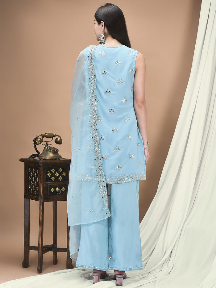 Women Georgette Blue Embroidered Kurta Comfort Pant Dupatta.