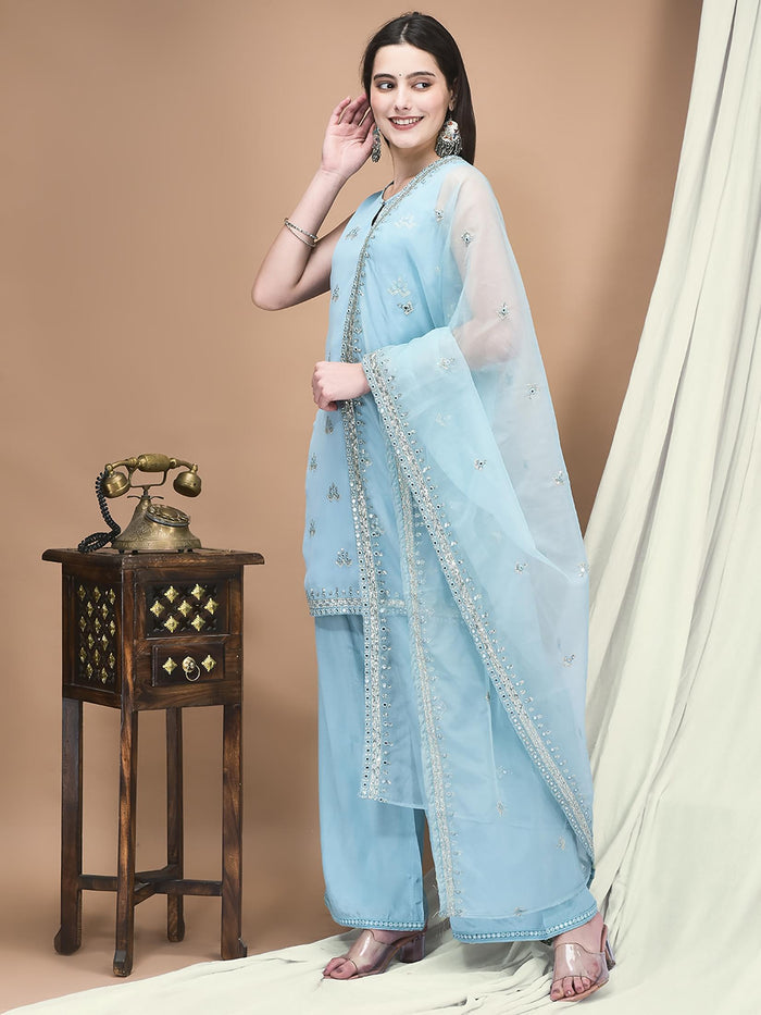 Women Georgette Blue Embroidered Kurta Comfort Pant Dupatta.