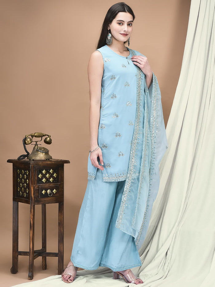 Women Georgette Blue Embroidered Kurta Comfort Pant Dupatta.