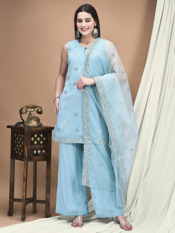 Women Georgette Blue Embroidered Kurta Comfort Pant Dupatta.