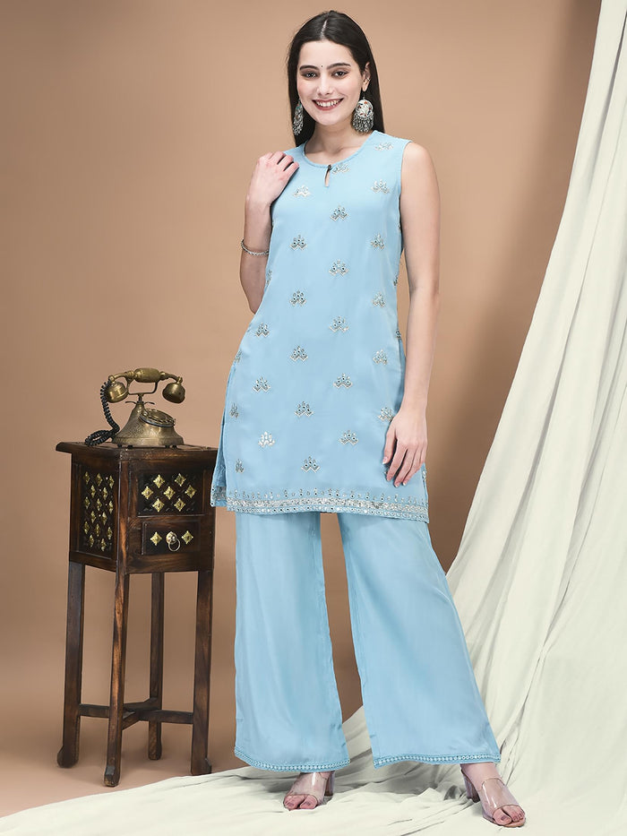 Women Georgette Blue Embroidered Kurta Comfort Pant Dupatta.
