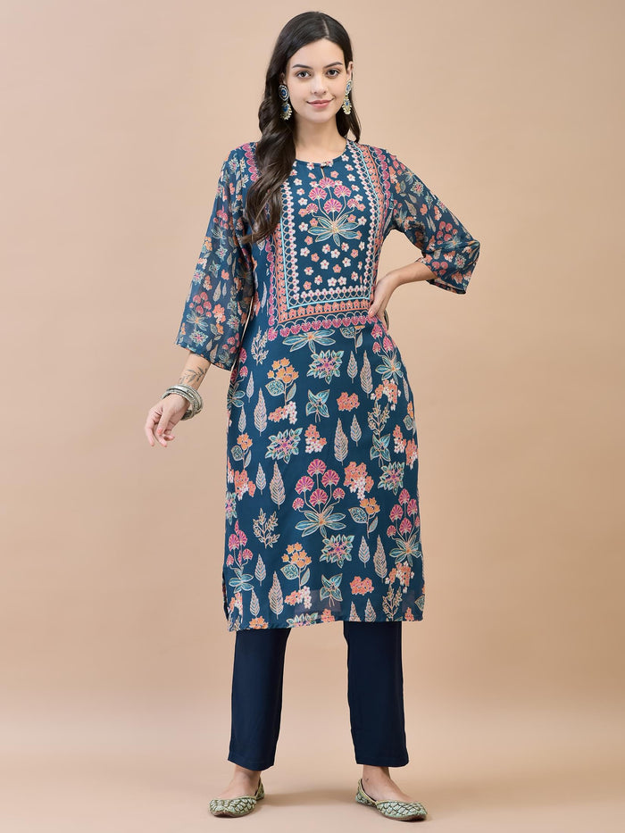 Women Georgette Blue Floral Print Kurta.