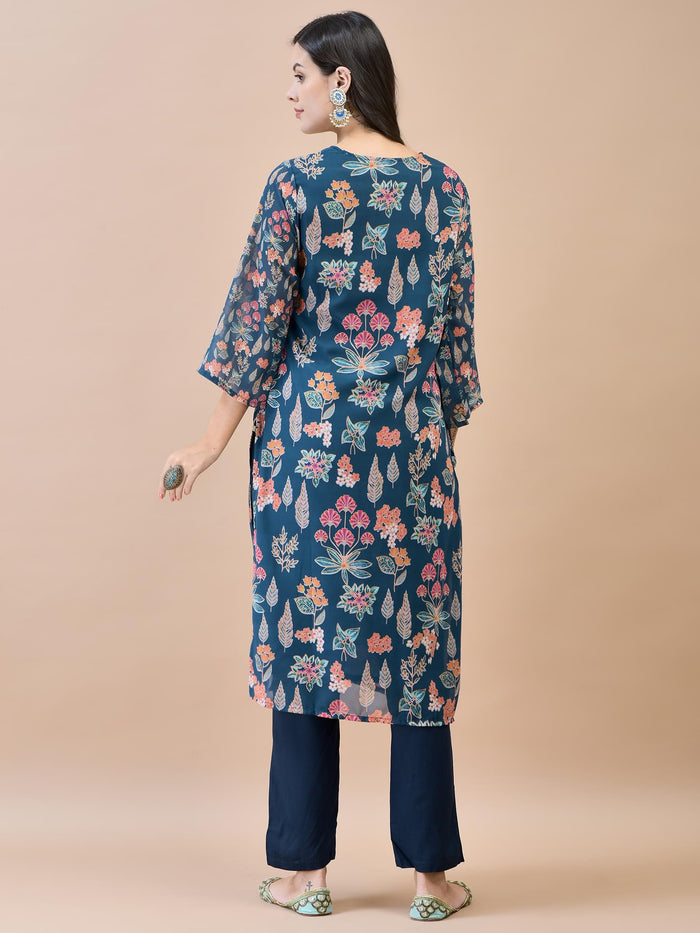 Women Georgette Blue Floral Print Kurta.