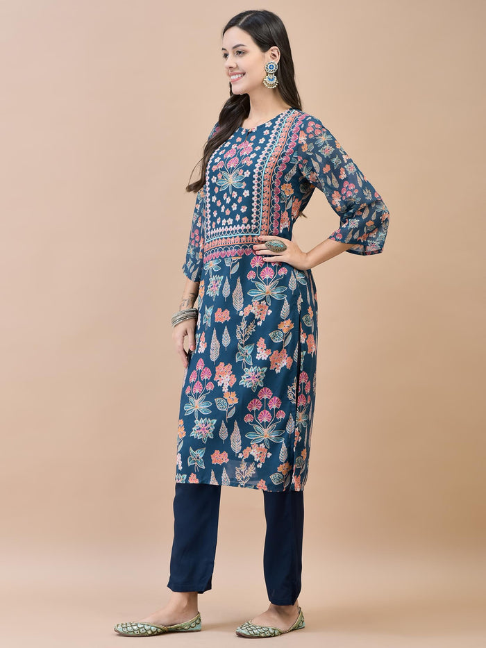 Women Georgette Blue Floral Print Kurta.