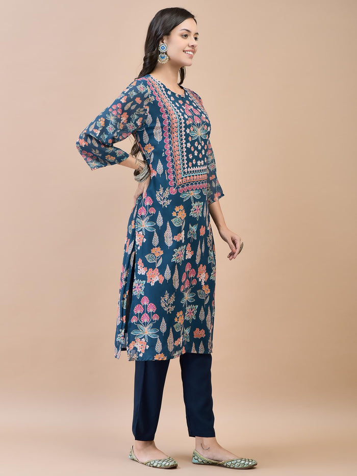 Women Georgette Blue Floral Print Kurta.