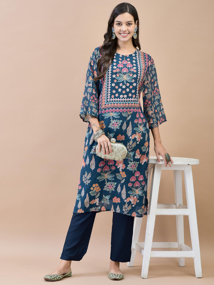 Women Georgette Blue Floral Print Kurta.