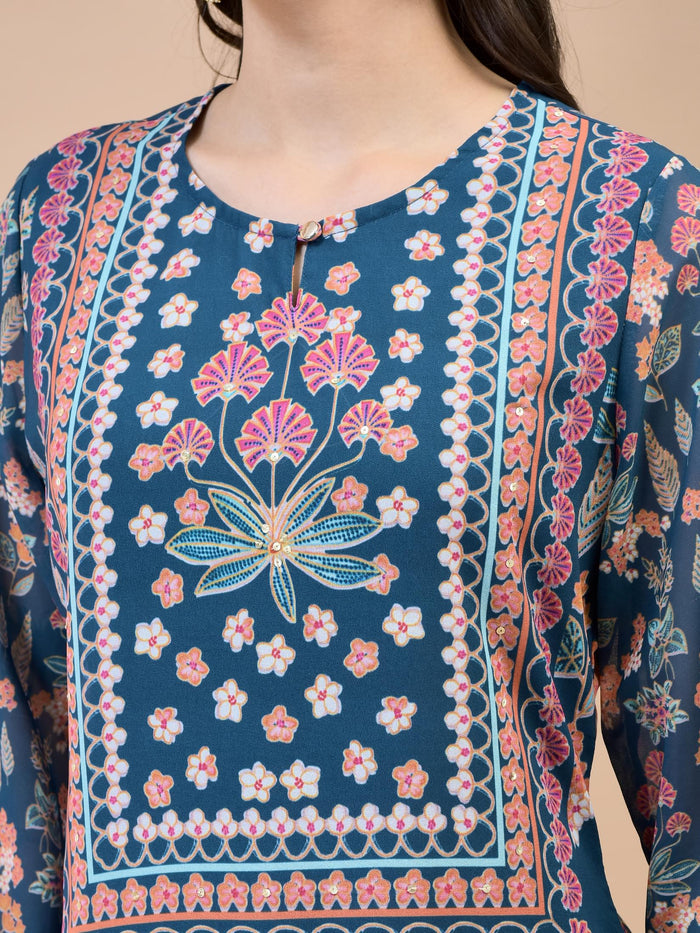 Women Georgette Blue Floral Print Kurta.