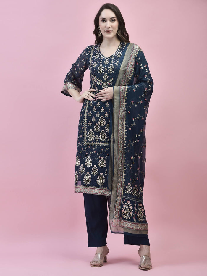 Women Georgette Blue Ornamental Print Kurta Comfort Pant Dupatta.